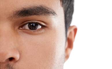 Obraz premium Eyes, closeup and portrait of man in studio for vision, wellness or examination on white background. Eye test, face and model with eyesight assessment for contact lens, wellness or eyeball health