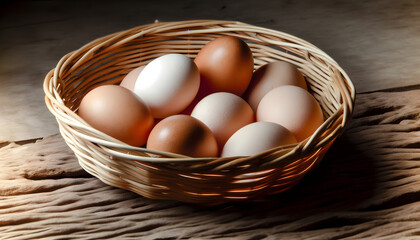 several chicken eggs placed in a basket. The basket should be woven and situated on a rustic wooden table