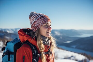 Fototapeta na wymiar A beautiful woman in a beanie and down jacket is skiing with a clear blue sky in the background