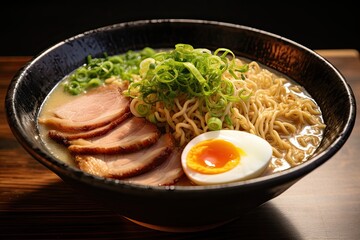 A bowl of ramen with boiled egg, green onions