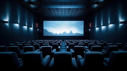 A cinema, with a screen and seats, pure white background photography, medium close up shot.