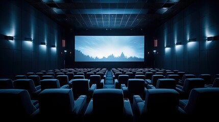 Naklejka premium A cinema, with a screen and seats, pure white background photography, medium close up shot.