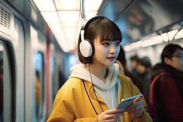 A Chinese person wearing headphones and holding a mobile phone is on the subway, Polarizing Filters. - obrazy, fototapety, plakaty