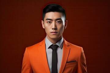A handsome 20yo Chinese man.Minimalism, monochromatic wardrobe in an open closet.color of Tangerine dream and cool grey.
