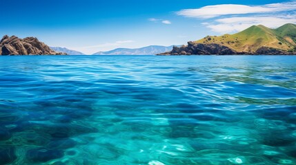Fototapeta premium Blue green surface of the ocean in Catalina Island California with gentle ripples on the surface and light refracting