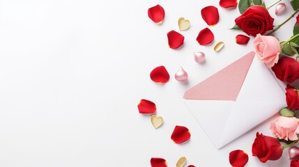 Classic valentine's day background with hearts,envelope, flowers and gifts on white background. copy space. top view