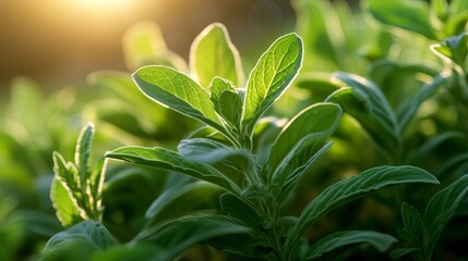 Closeup of fresh green leaves of sage on blurred background against sunlight in nature
