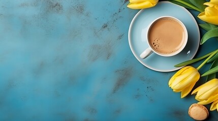 Coffee mug with yellow tulip flowers on blue rustic table from above, breakfast on Mothers day or Womens day