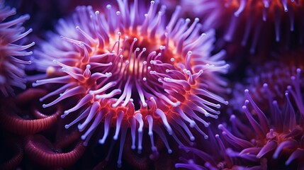 Fototapeta premium Colourful pink brooding sea anemone (Epiactis prolifera) from shallow marine waters of British Columbia, close-up of the oral disk and mouth