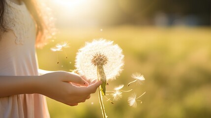 Concept of people and nature love environment lifestyle. Closeup of woman hands holding big dandelion in outdoor leisure activity. Life and future. Earth's day. Blossom spring time season - obrazy, fototapety, plakaty