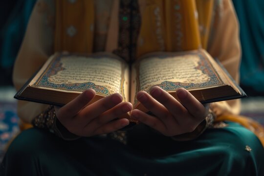 A person is holding an open quran with intricate designs and foreign text, illuminated by soft lighting