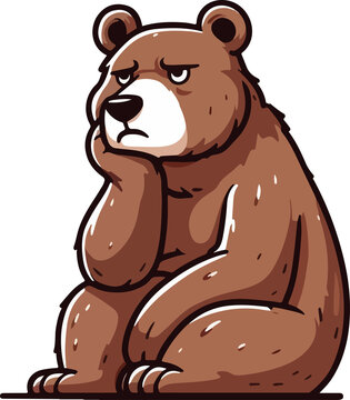 A brown bear sits down with his hand on his face, looking contemplative or perhaps a little bit grumpy