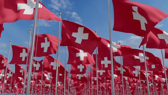 High resolution digital rendering of Switzerland flags. National flags flying.
Switzerland flag blowing in the wind.