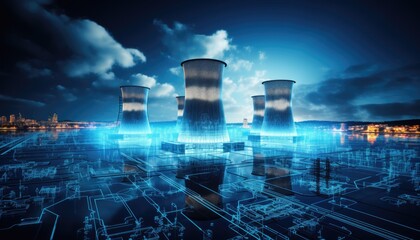 Nuclear power plant with cooling towers and cityscape at night. 3D rendering