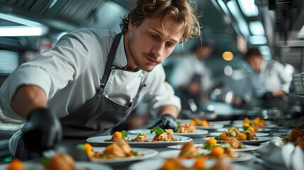 A chef meticulously plating a gourmet dish in a busy kitchen