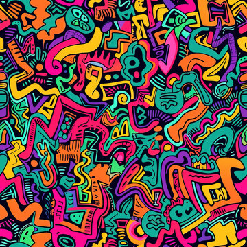 Pop art graffiti doodles colorful abstract background 90s repeat pattern © Roman