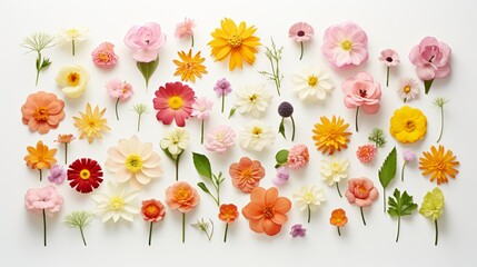 Flowers creative collection isolated on white background. Springtime and mothers day concept. Design element. Flat lay, top view