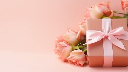 Gift box with pink ribbon bow, flowers buds on peach fuzz color background. Happy Valentine's Day, Mother's Day, International womens day concept