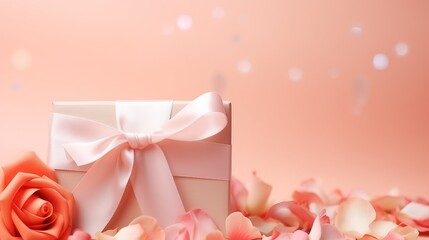 Gift box with pink ribbon bow, flowers buds on peach fuzz color background. Happy Valentine's Day, Mother's Day, International womens day concept