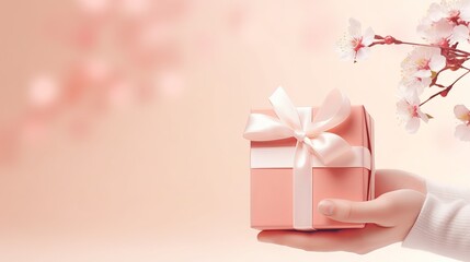 Gift box with pink ribbon bow, flowers buds on peach fuzz color background. Happy Valentine's Day, Mother's Day, International womens day concept