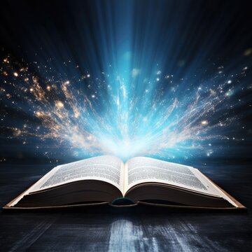 open book with mystic bright light on white