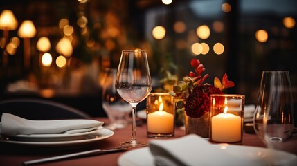 Fototapeta na wymiar A closeup of a candlelit dinner setting