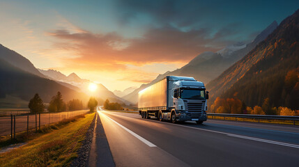 Transportation logistics at golden hour with semi-truck on highway, fast delivery, commercial freight, road travel, industry, sunset, dynamic