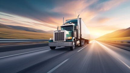 Transportation logistics at golden hour with semi-truck on highway, fast delivery, commercial freight, road travel, industry, sunset, dynamic