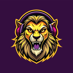 Lion head mascot for gaming e-sport logo. cartoon lion wearing a headphone vector illustration