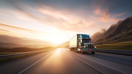 Transportation logistics at golden hour with semi-truck on highway, fast delivery, commercial freight, road travel, industry, sunset, dynamic