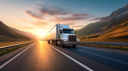Transportation logistics at golden hour with semi-truck on highway, fast delivery, commercial freight, road travel, industry, sunset, dynamic