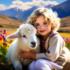 A little boy sitting with a baby sheep outdoors