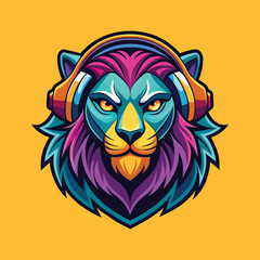 Lion head mascot for gaming e-sport logo. cartoon lion wearing a headphone vector illustration