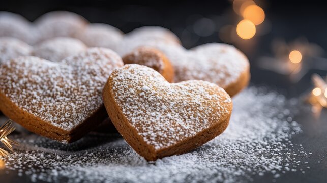 Homemade ginger cookies in the shape of a heart in red icing sugar. Delicious ginger cookies heart on a gray concrete background. Freshly baked gingerbread cookies for Valentine's Day
