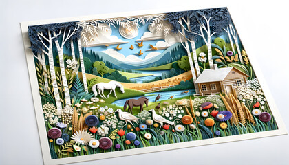 papercut art piece depicting a serene countryside meadow has been created, capturing the peaceful essence of the countryside with blooming wildflowers, grazing horses, a country cabin house