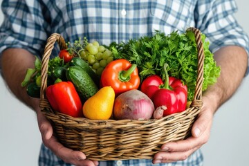 Close up of basket of vegetables in the hand of mature man, isolated on white background