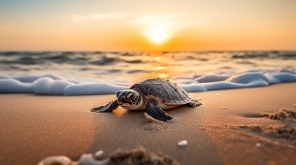 Little sea turtle on the sandy beach in morning time - obrazy, fototapety, plakaty