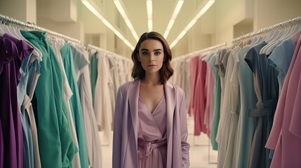 Naklejka na ściany i meble Wide shot of Lily Collins looking around her in the middle of a huge dressing room, 