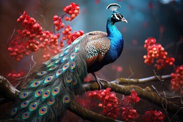 Fototapeta premium Photo a peacock is sitting on a branch with a red leaf on it
