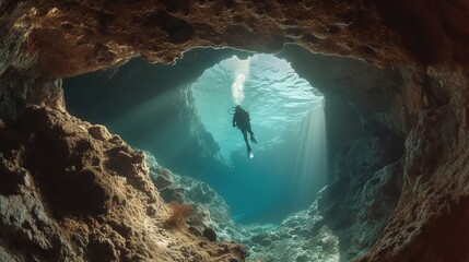 scuba diver circling a cave - obrazy, fototapety, plakaty