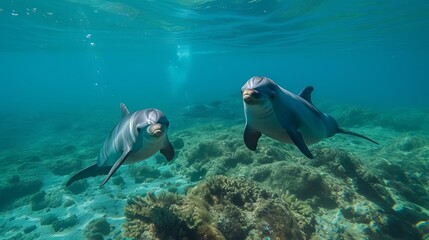 Dolphins and sea lions submerged in the ocean, gazing at you