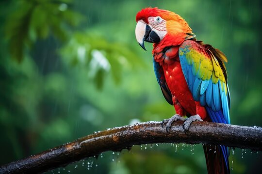 beautiful macaw parrot bird in rain forest wildlife wallpaper concept