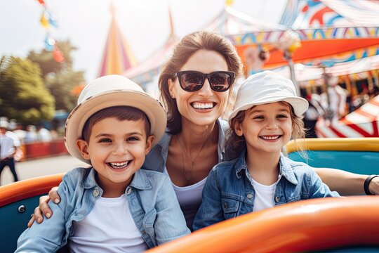 Image of an aupair and a host children enjoying a day at the amusement park.