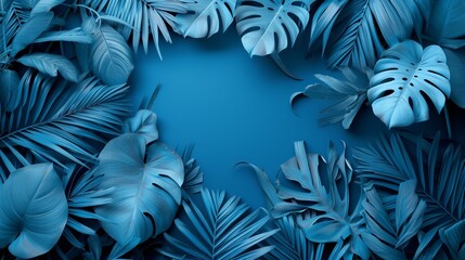 Floral background with exotic tropical plants drawn on a blue wall.