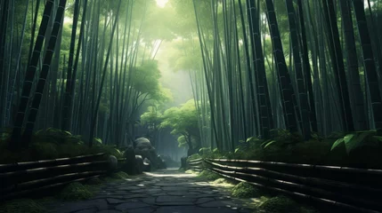 Gardinen A bamboo forest with a serene, zenlike atmosphere © Cloudyew