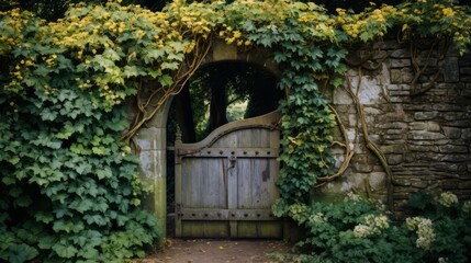 Fototapeta na wymiar A charming garden gate covered in climbing vines