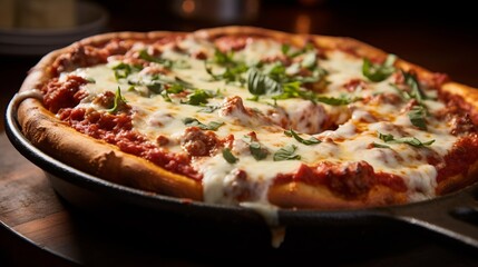 A closeup of a deep dish pizza with gooey cheese