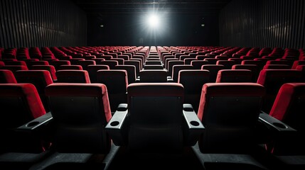 Rows of grey movie theater seats, front view