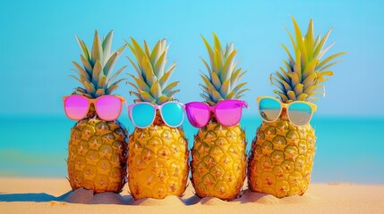 Tropical summer vacation concept: a family of humorous, appealing pineapples with stylish sunglasses on the beach against a turquoise sea.