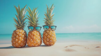 Tropical summer vacation concept: a family of humorous, appealing pineapples with stylish sunglasses on the beach against a turquoise sea.